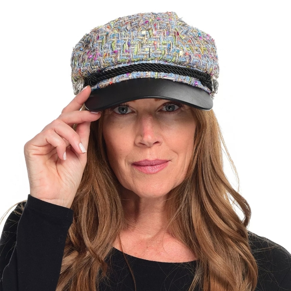 Laundry by Design Woven Plaid & Faux Leather Newsboy Cap Metallic Blue